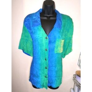 Vintage Green & Blue Button Down Top